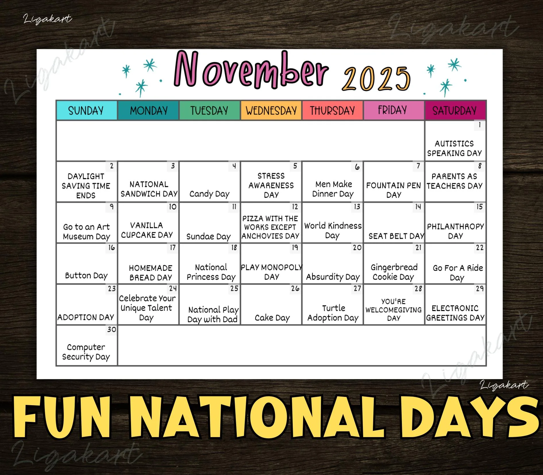 Printable Fun National Days Calendar Etsy Australia