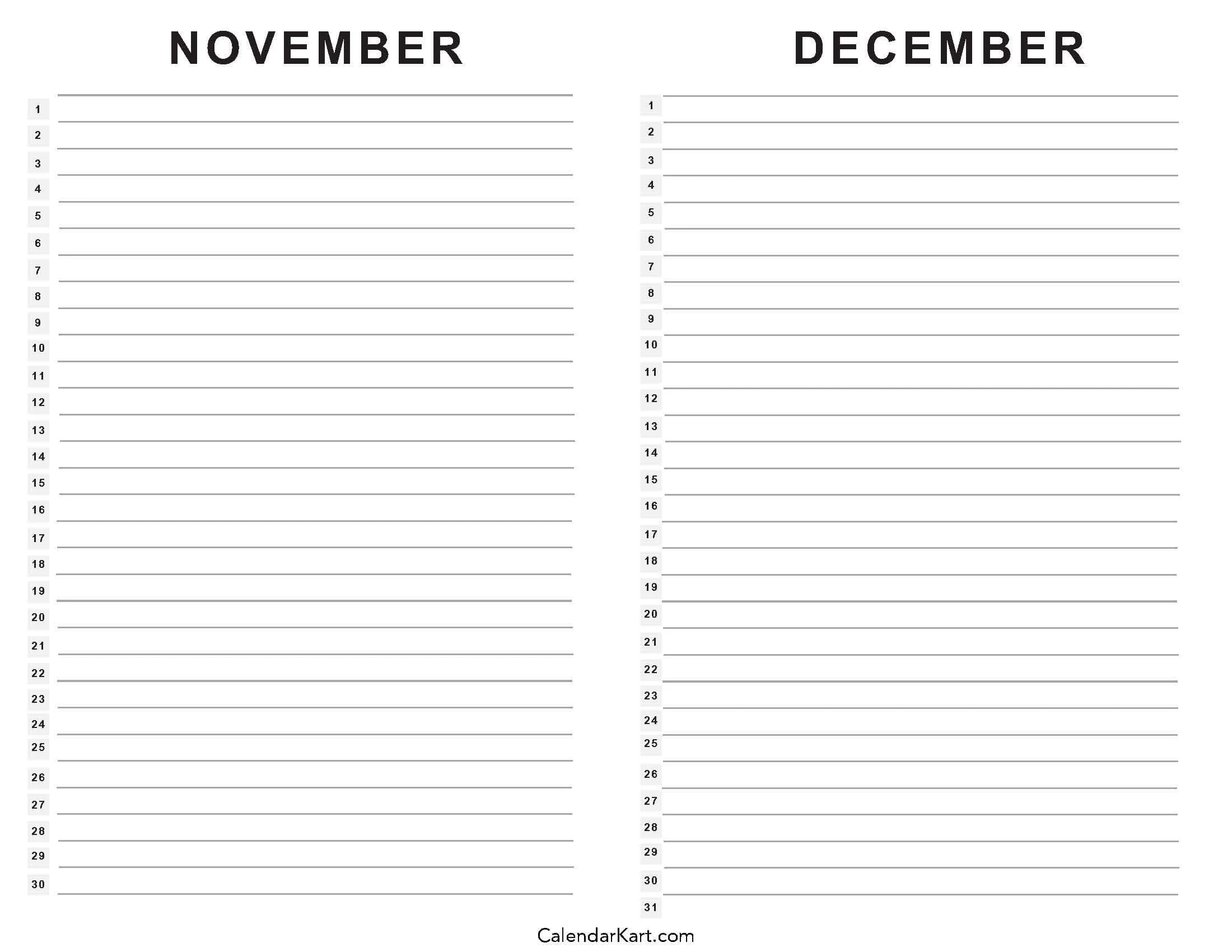 November December 2 Month Calendar Printable