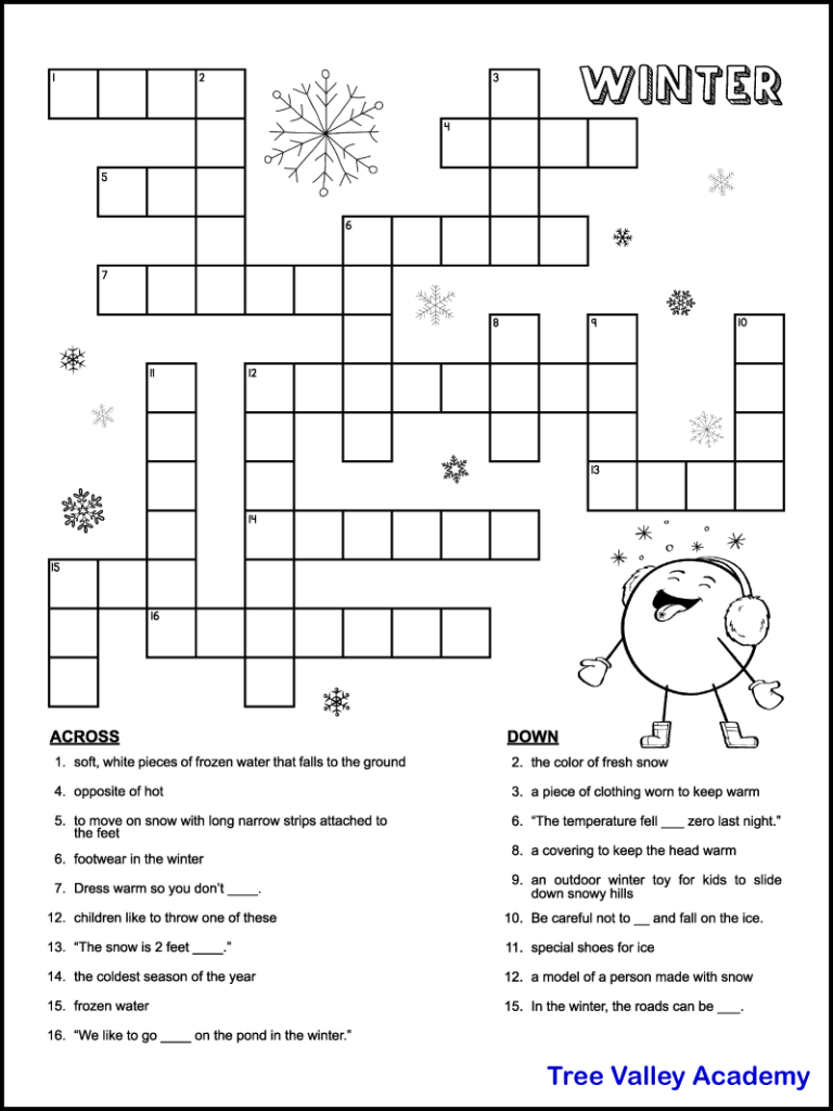Printable Winter Crossword Puzzles For Kids Tree Valley Academy 