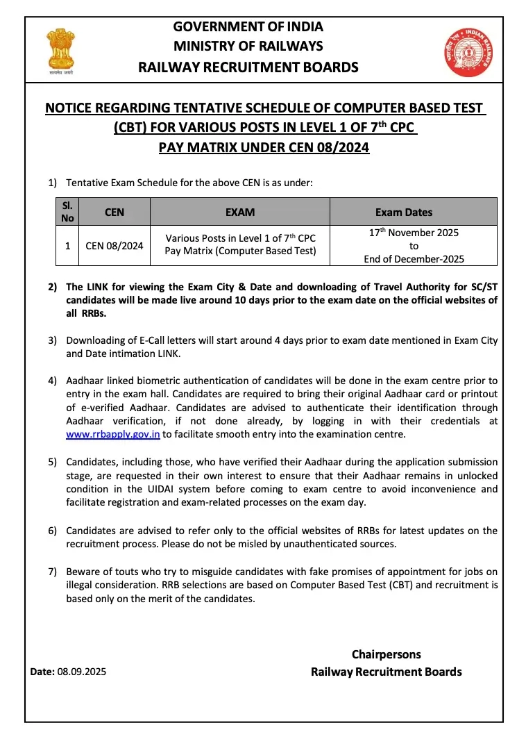 railway rrb group d exam date 2025 out cen 08 2024 official notice