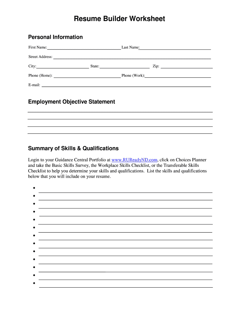 Resume Worksheet Fill Online Printable Fillable Blank 
