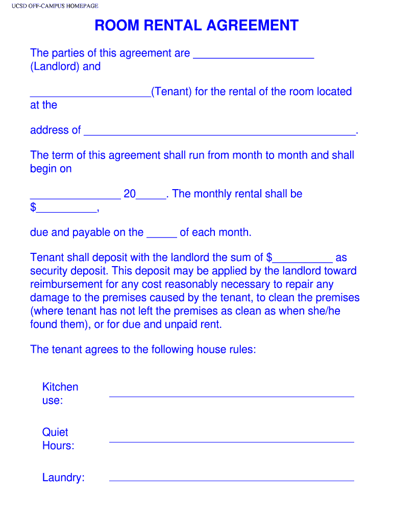 Room Rental Agreement Template Free Printable