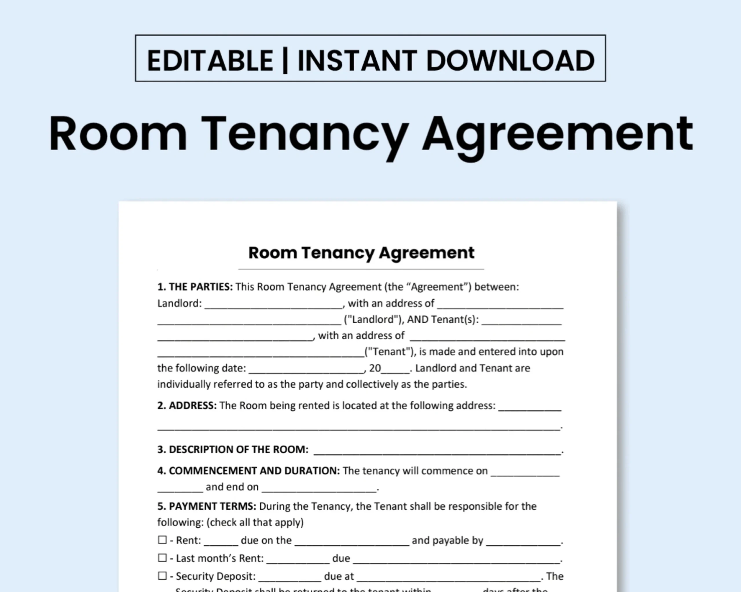 Room Tenancy Agreement Template PDF Form Word Document 