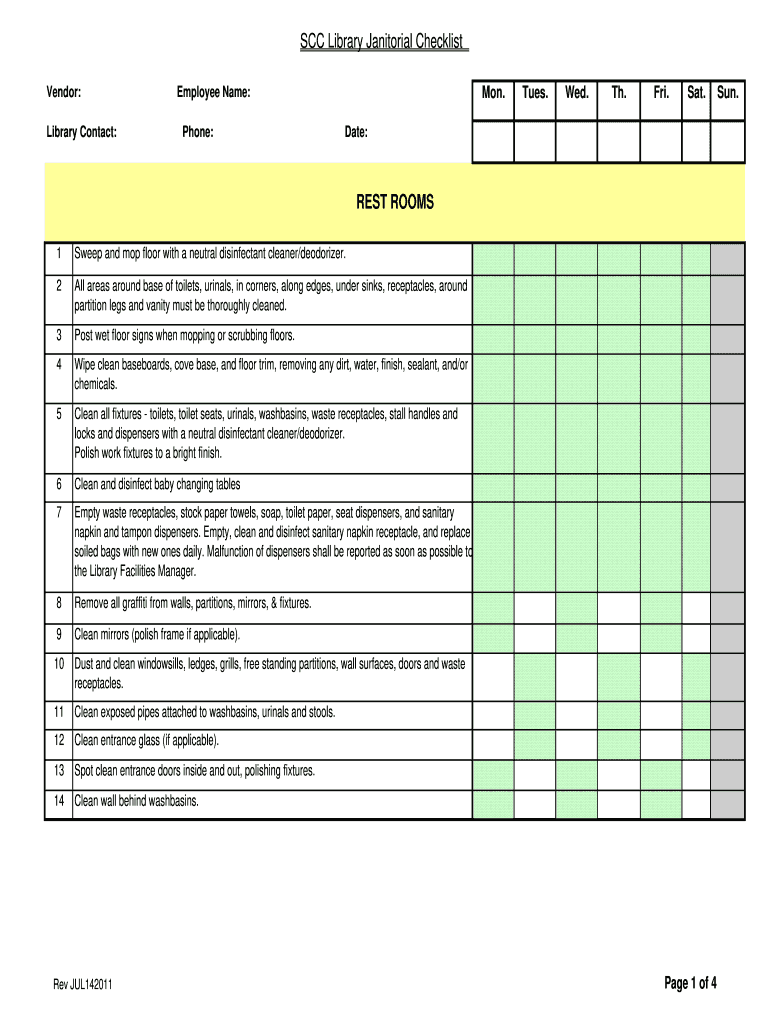 SCC Library Janitorial Checklist Form Fill Online Printable 