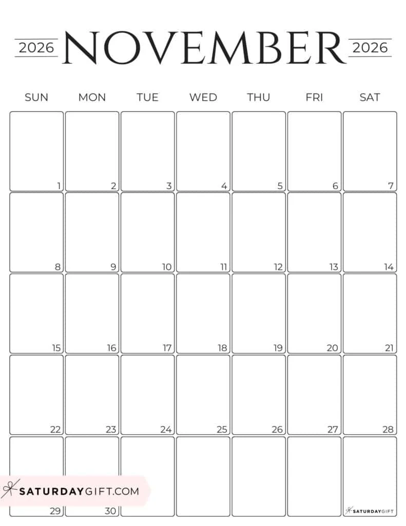 November Blank Calendar 2026 Printable