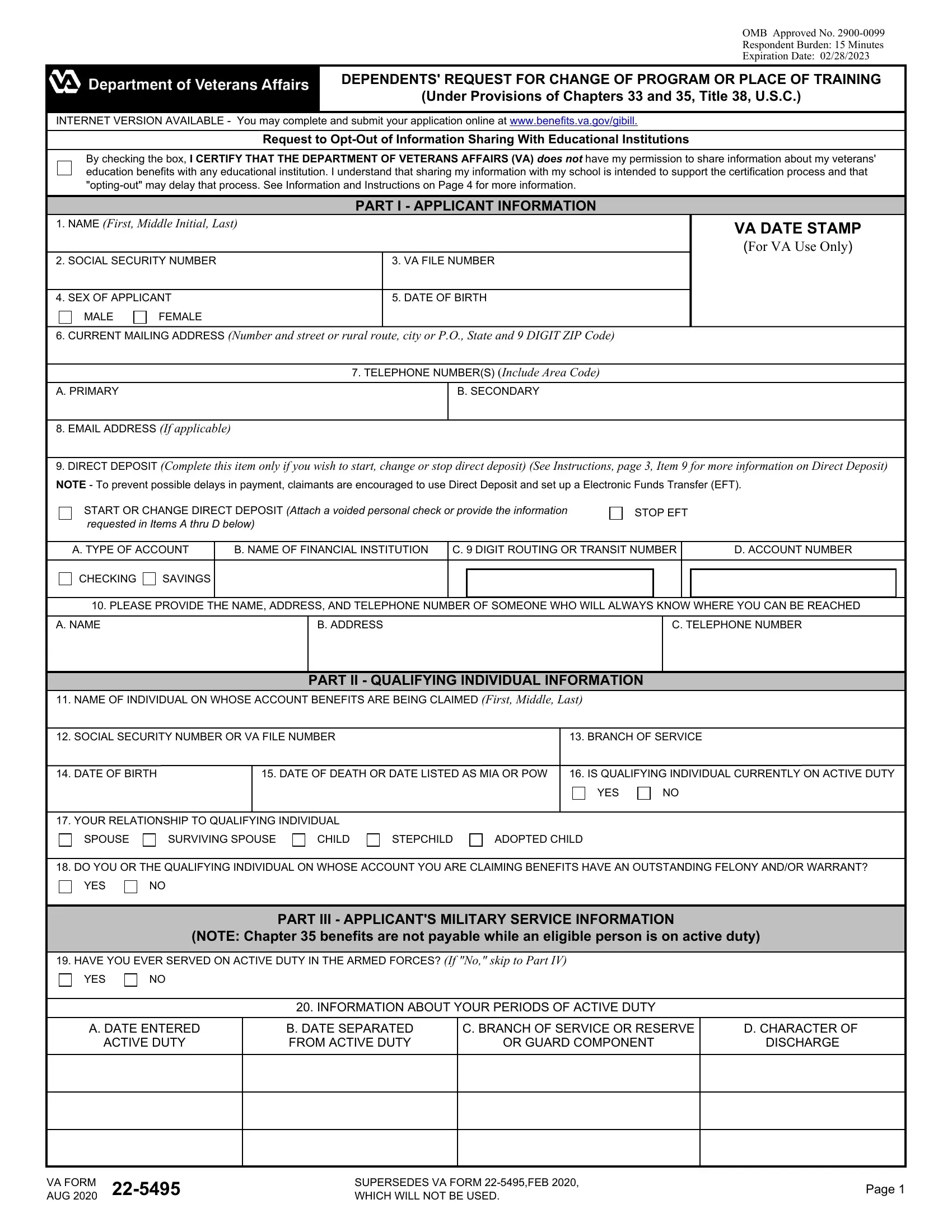 Va Form 22 5495 Fill Out Printable PDF Forms Online