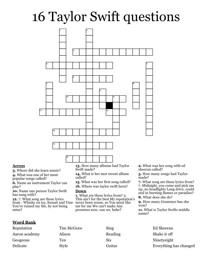 16 Taylor Swift Questions Crossword WordMint