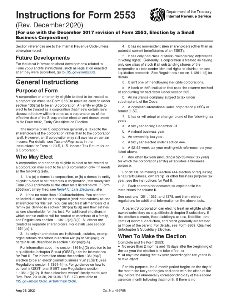 2020 2025 Form IRS Instruction 2553 Fill Online Printable 