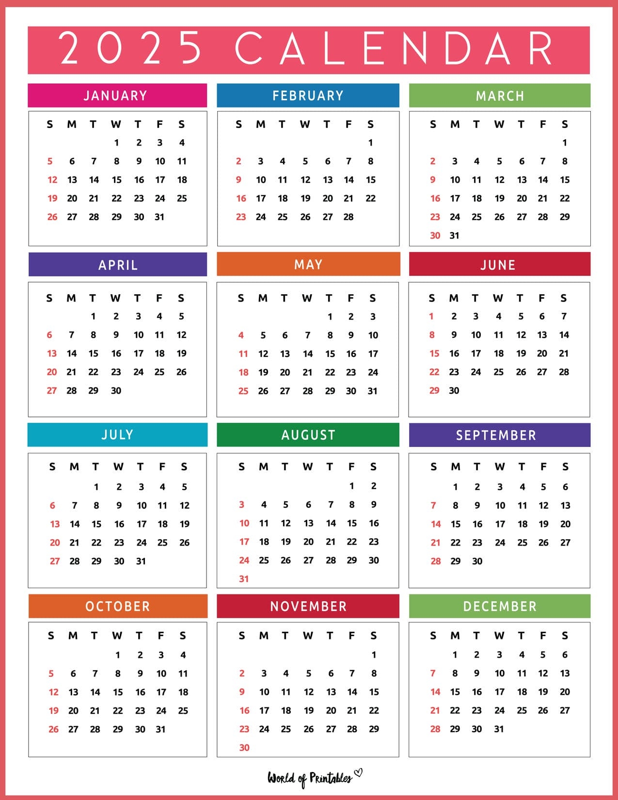 2025 Printable Year Calendar