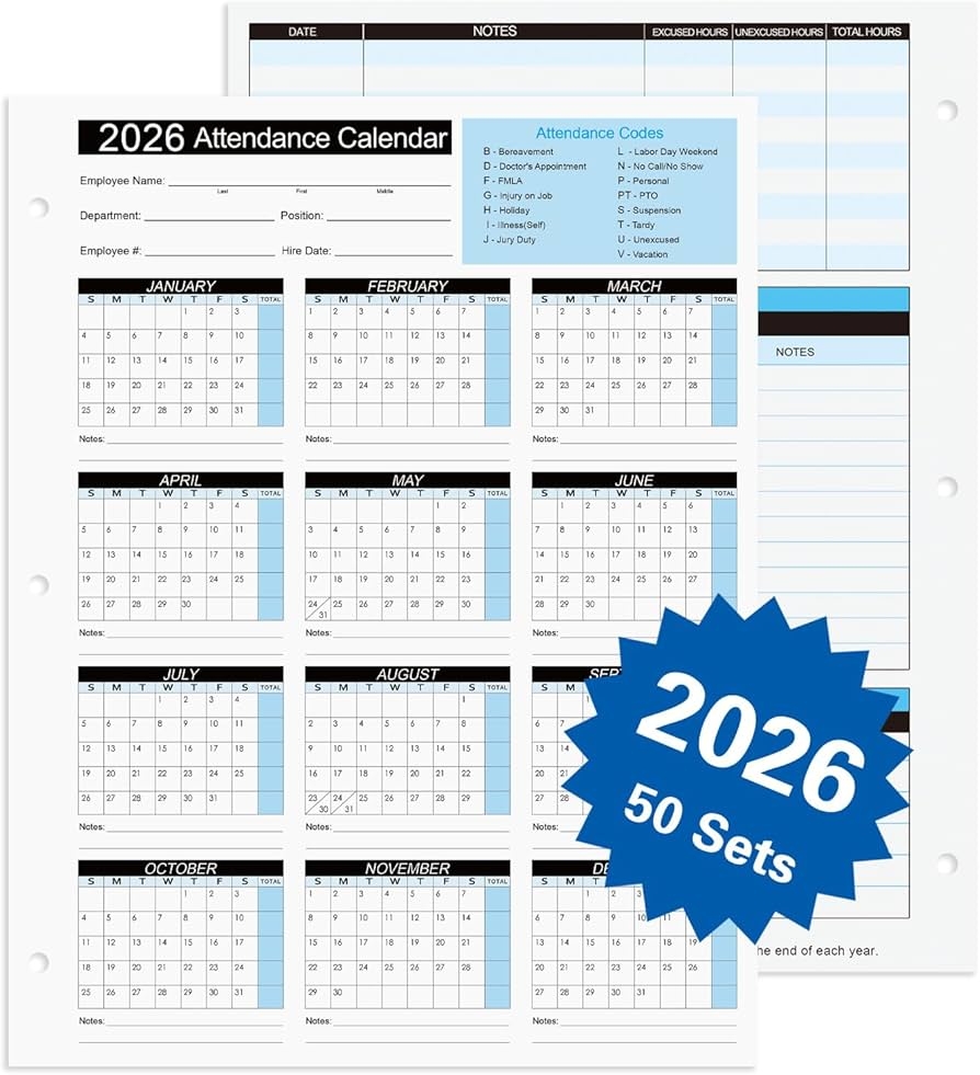 2026 Attendance Calendar Printable