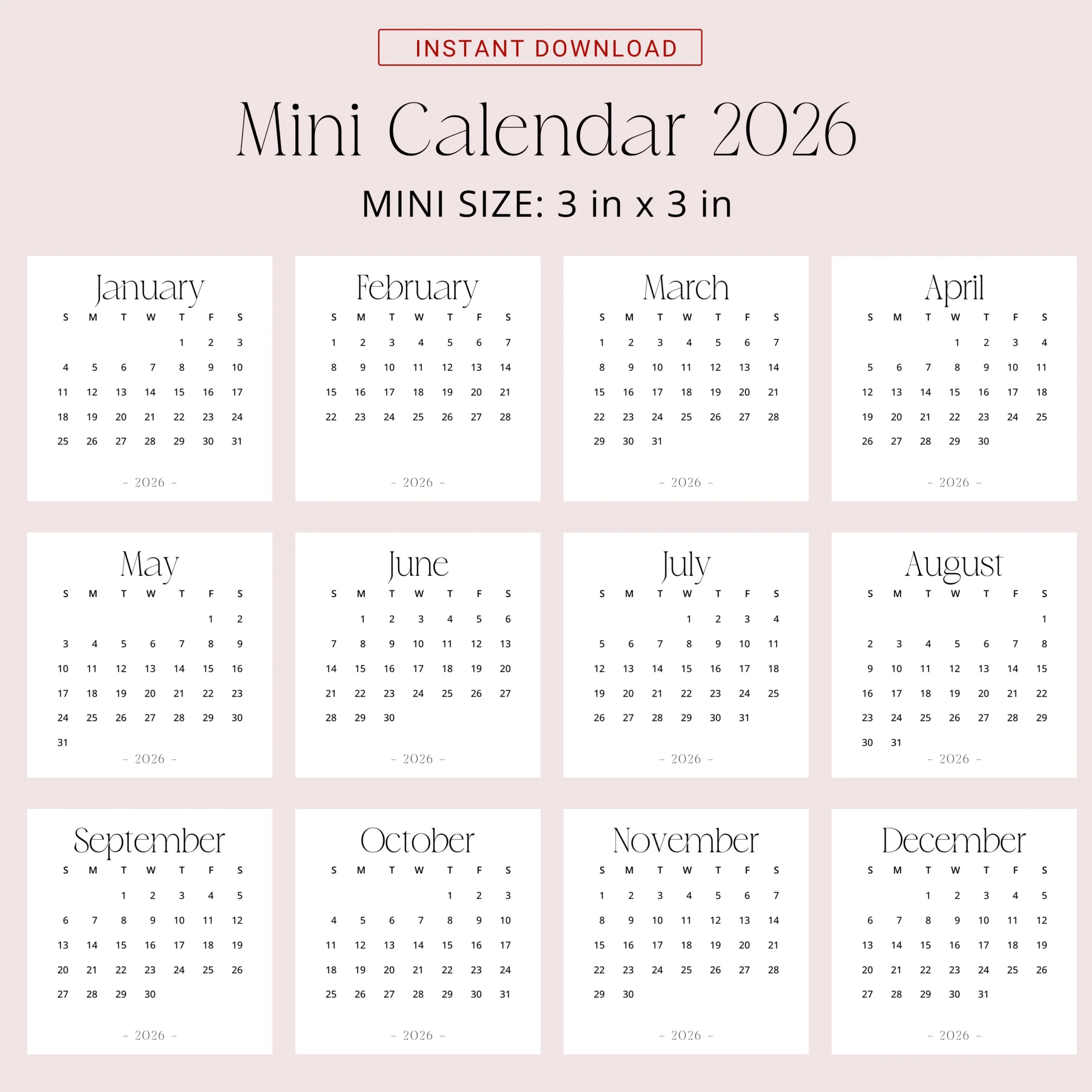 2026 Mini Calendar 3x3 2026 Calendar Small PRINTABLE PDF 2026 