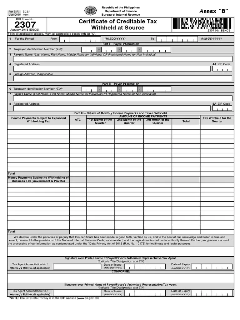 2307 Jan 2018 ENCS V3 Annex B PDF Withholding Tax Corporate Tax