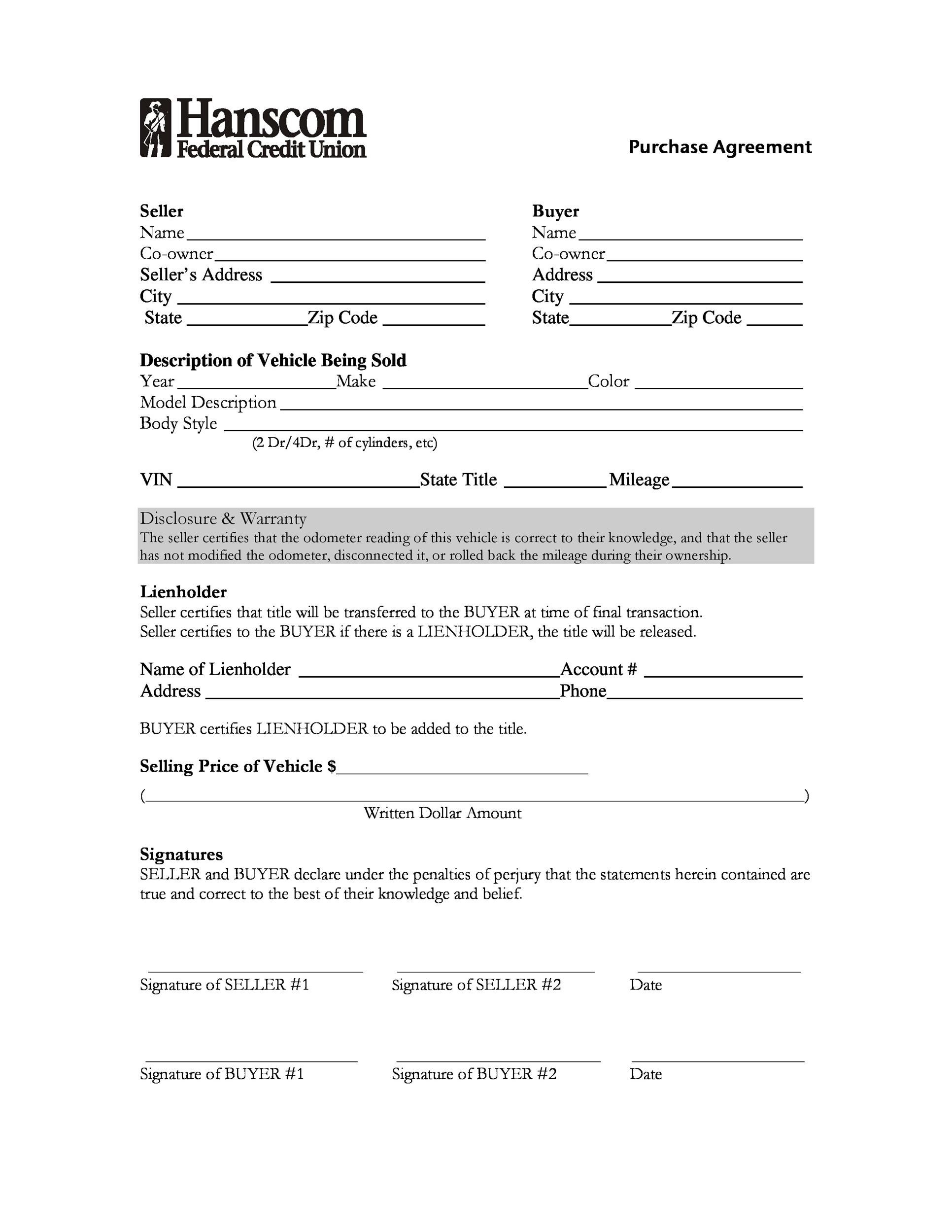 Free Printable Car Purchase Agreement Template