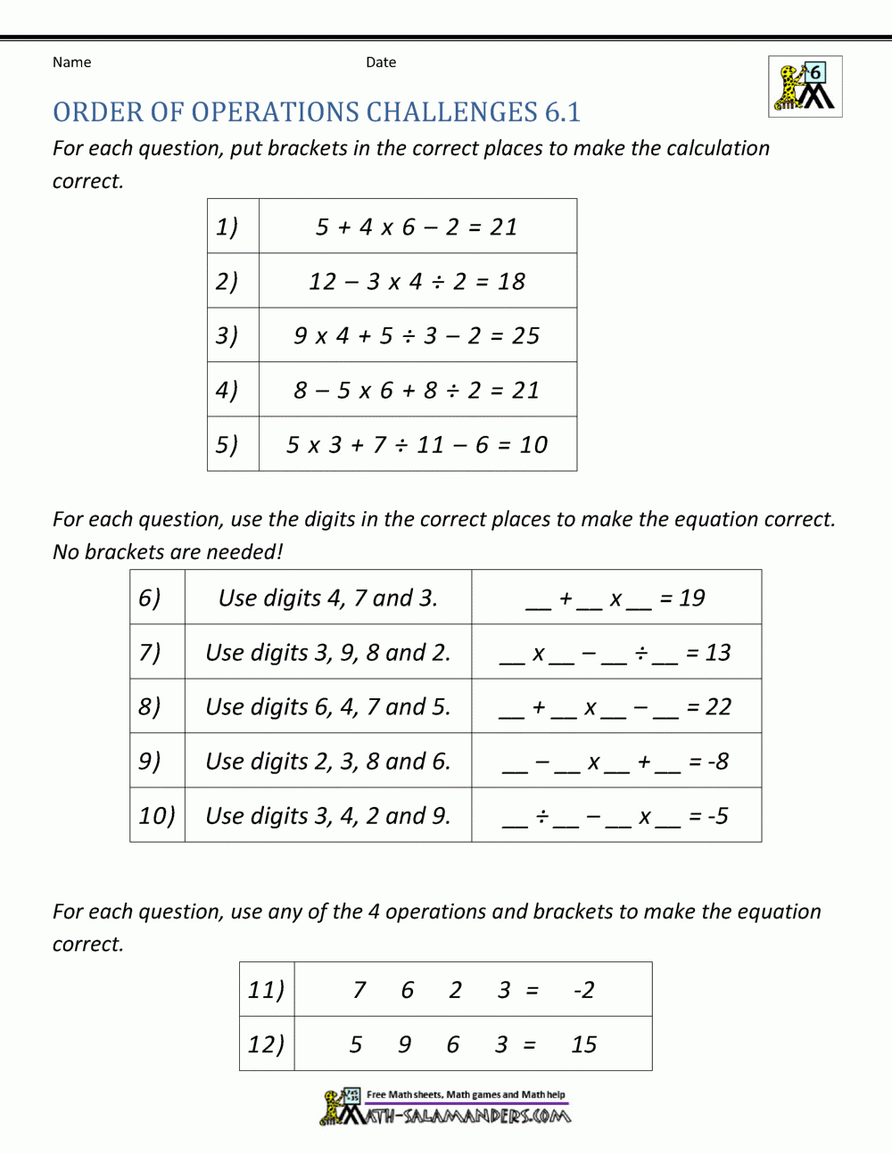 Printable Worksheets For Grade 6