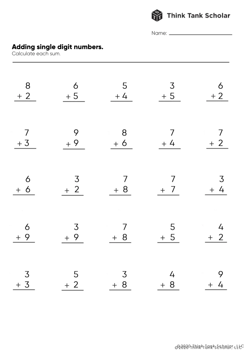 Addition Math Facts Practice Printable