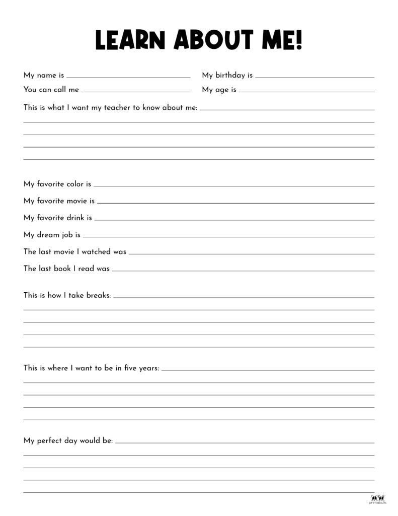 All About Me Printable Worksheets 50 FREE Printables 
