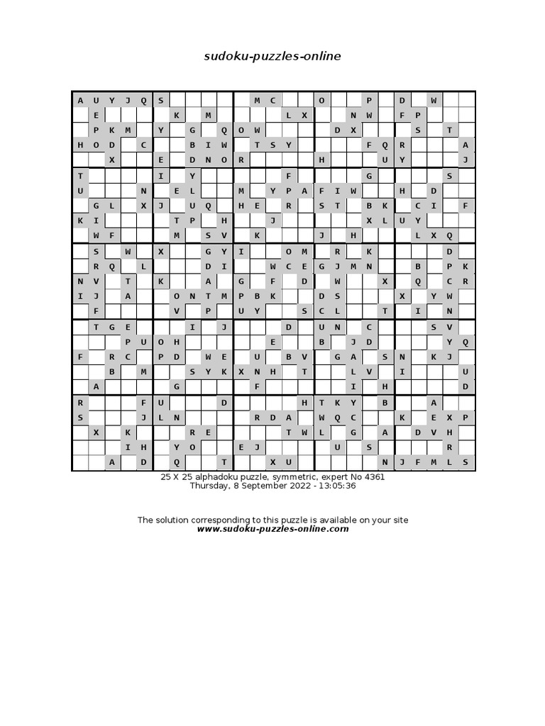 Alphadoku 25x25 Sudoku Puzzle To Print Symmetric Level Expert 