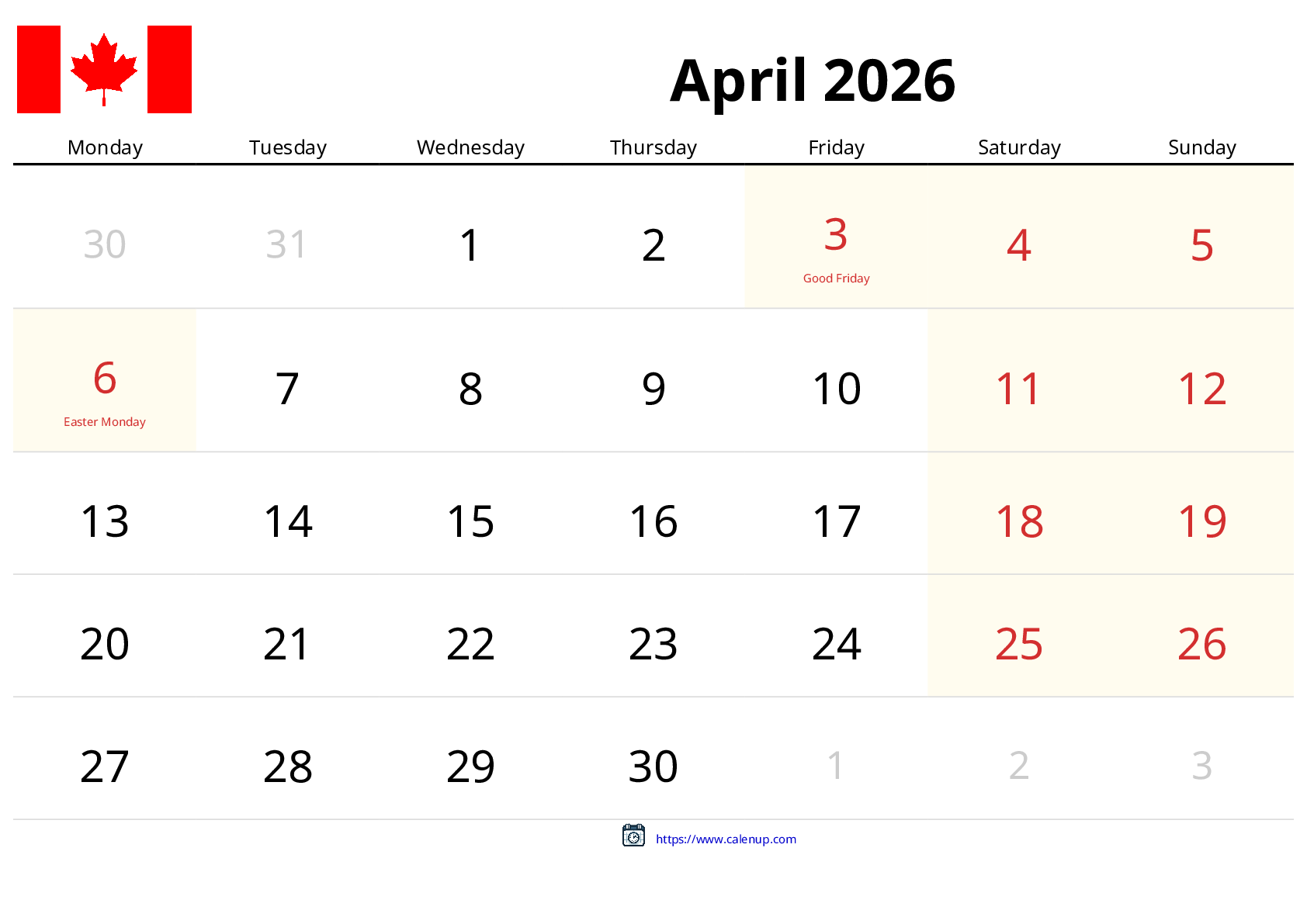 April 2026 Calendar With Canadian Holidays