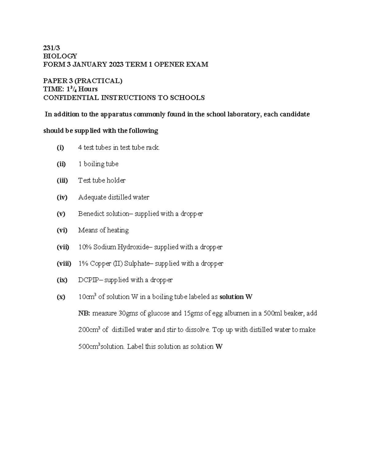 Biology F3T3 Term 1 Opener Exam Paper 3 Practical 2023 Studocu