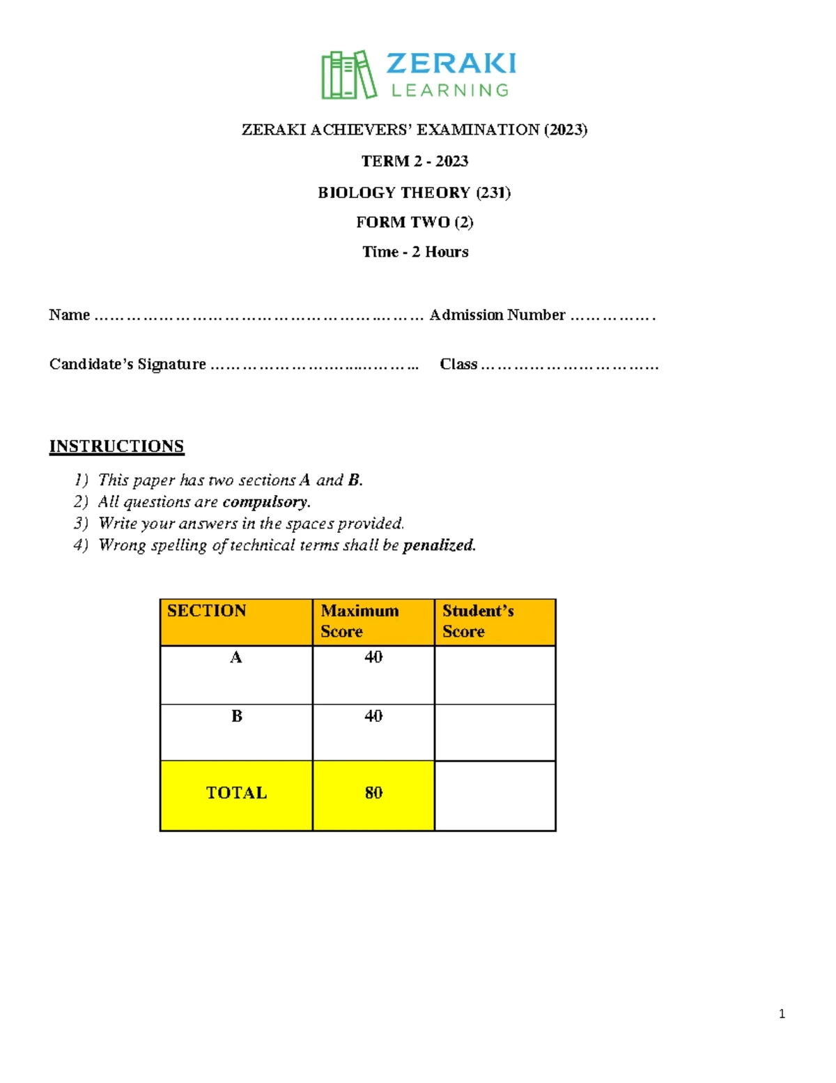 Form Two Exam 2023