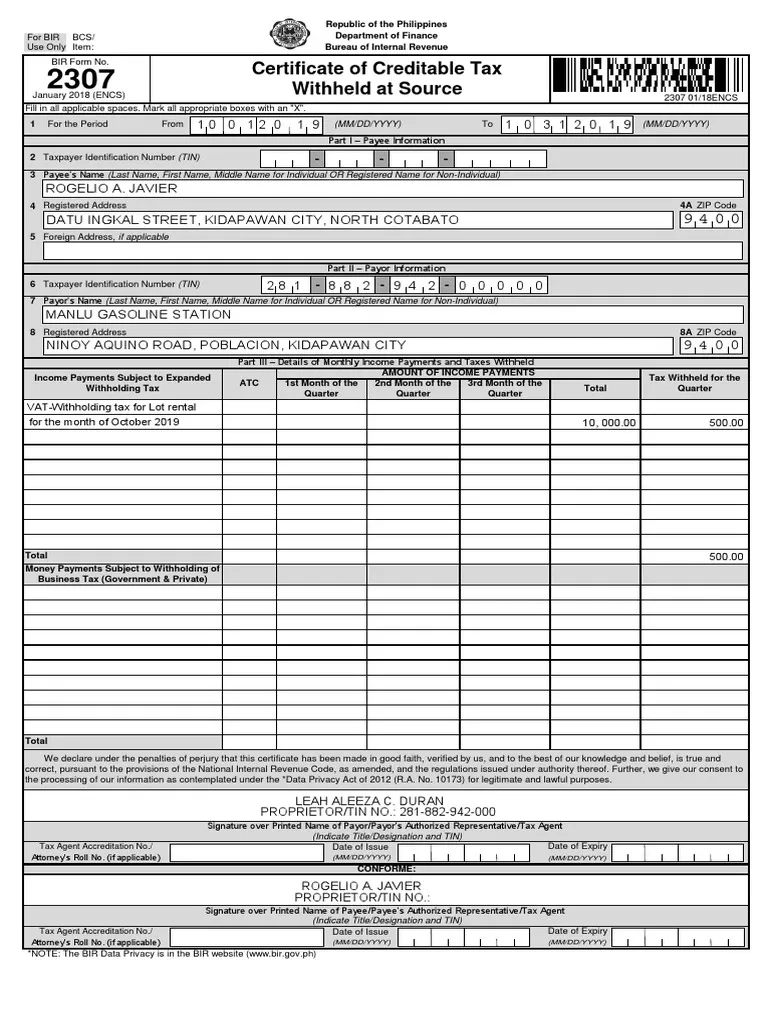 Bir Form 2307 January 2018 Download