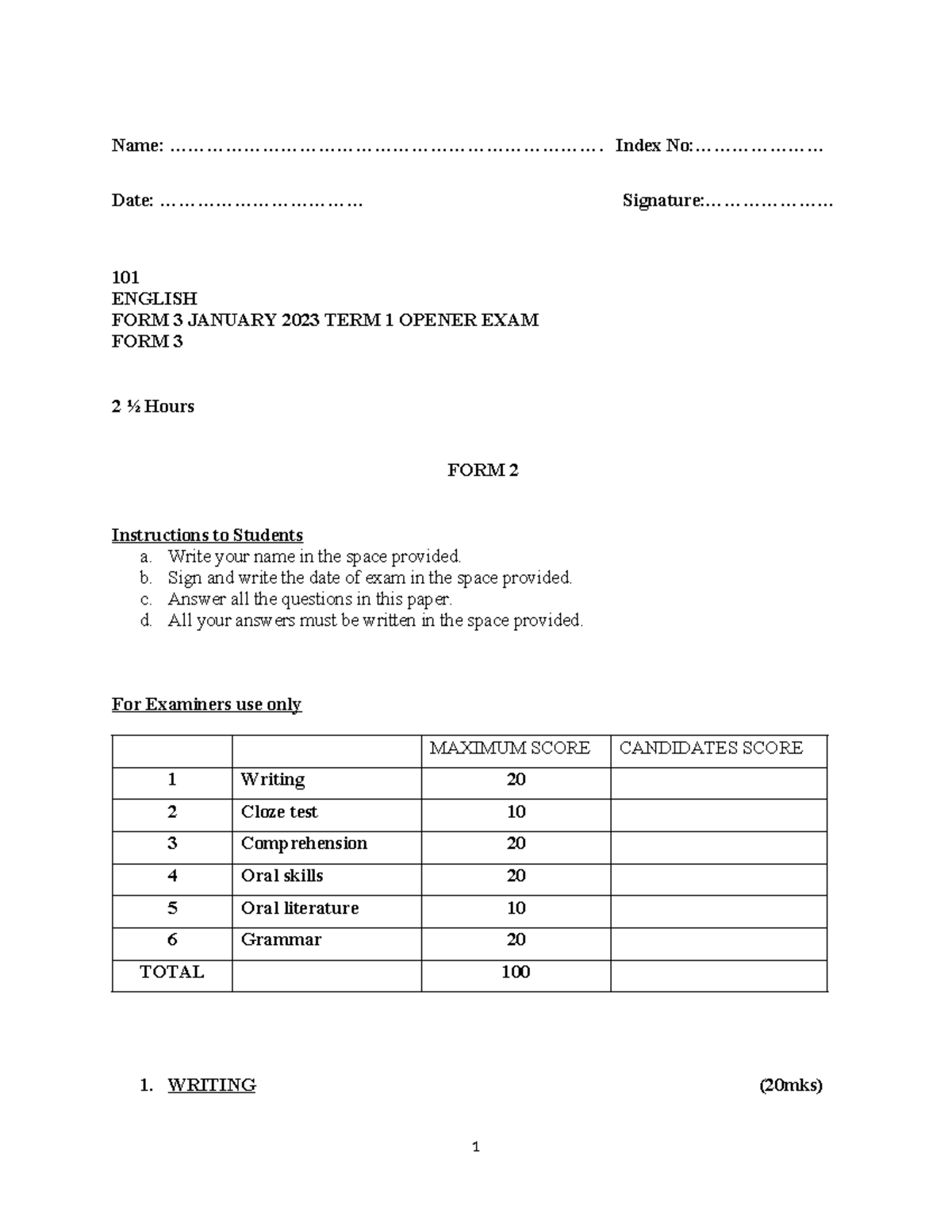 English F2T3 2023 Term 1 Opener Exam Questions amp Instructions 