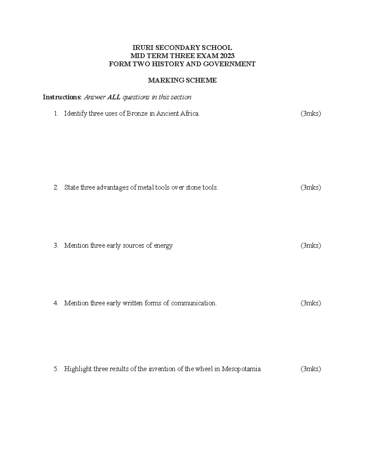 Form 2 History amp Gov t Mid Term 3 Exam 2023 Marking Scheme Studocu