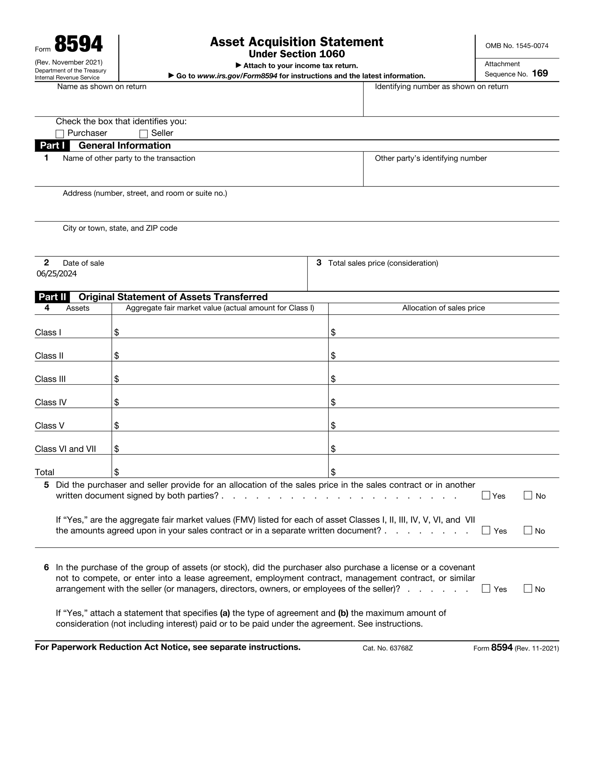Form 8594 2024 2025 Fill Edit And Download Online PDF Guru