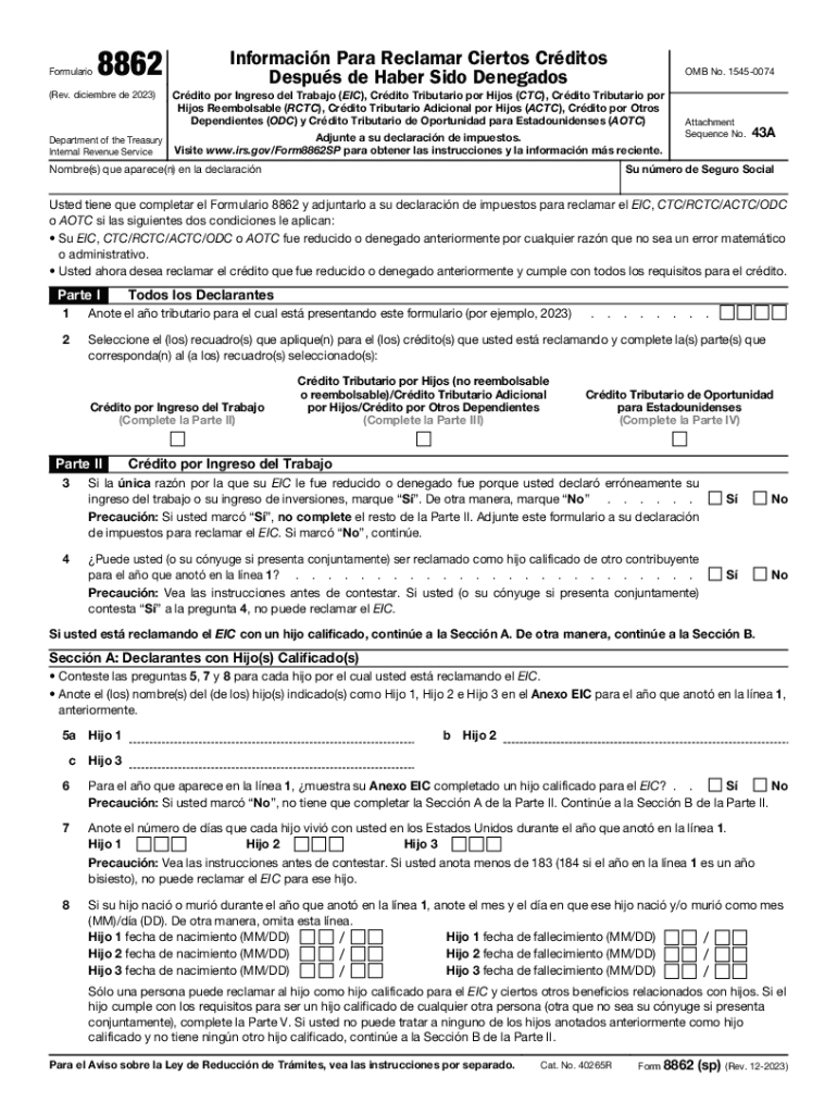 Form 8862 sp Rev December 2023 Information To Claim Earned 