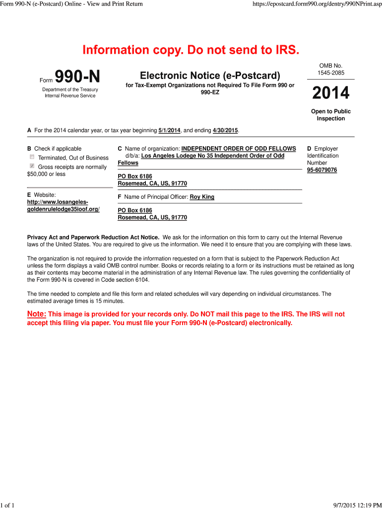 Irs Form 990-N E-Postcard