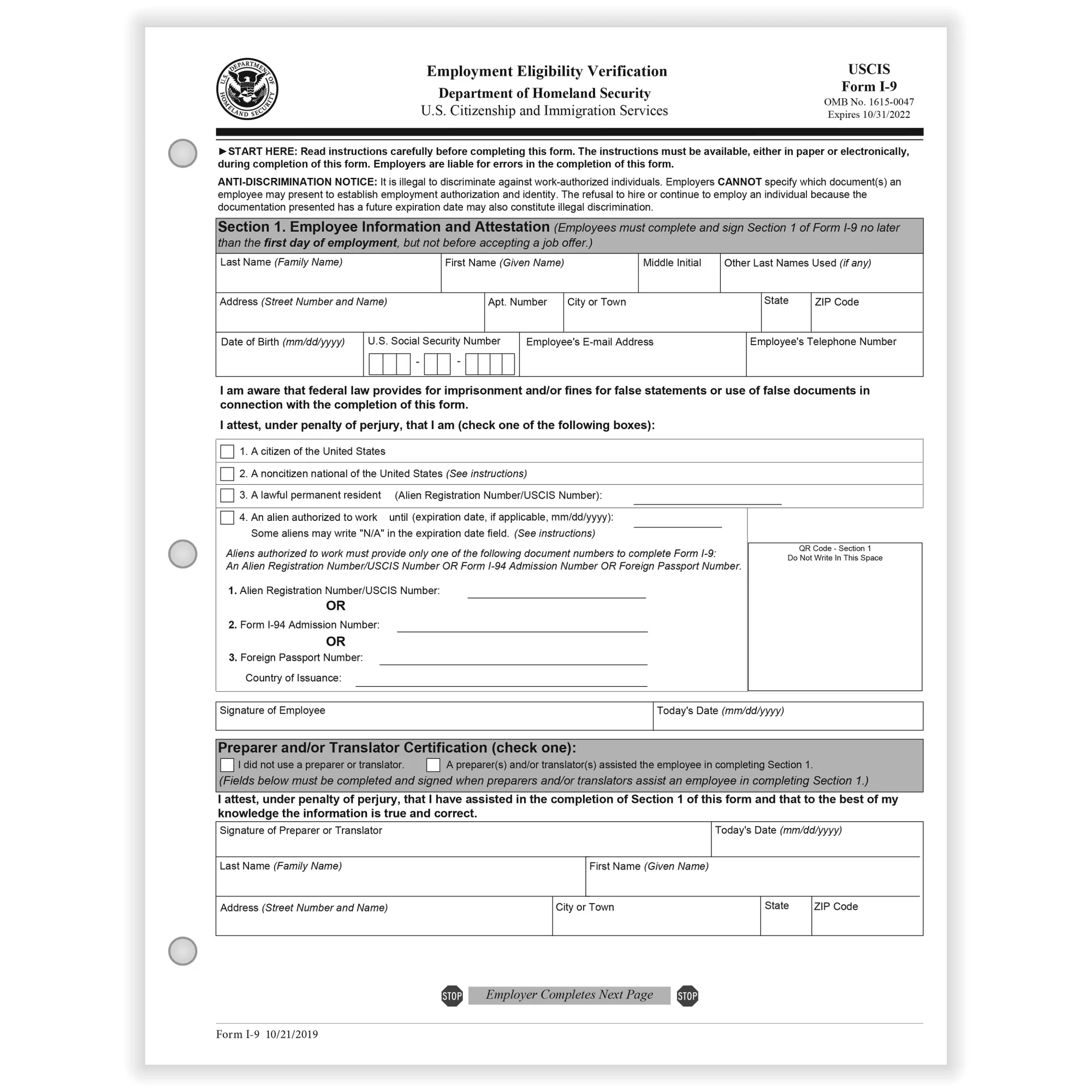 Form I 9 Employment Eligibility Verification Printable Printable 