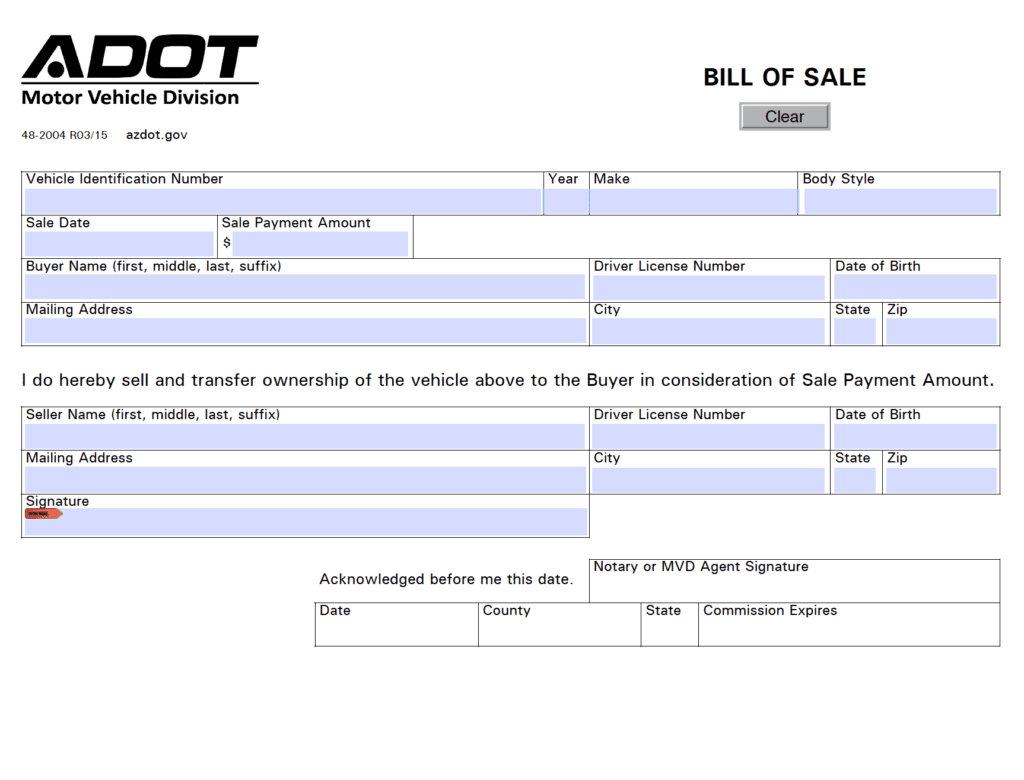 Free Arizona Motor Vehicle DMV Bill Of Sale Form PDF