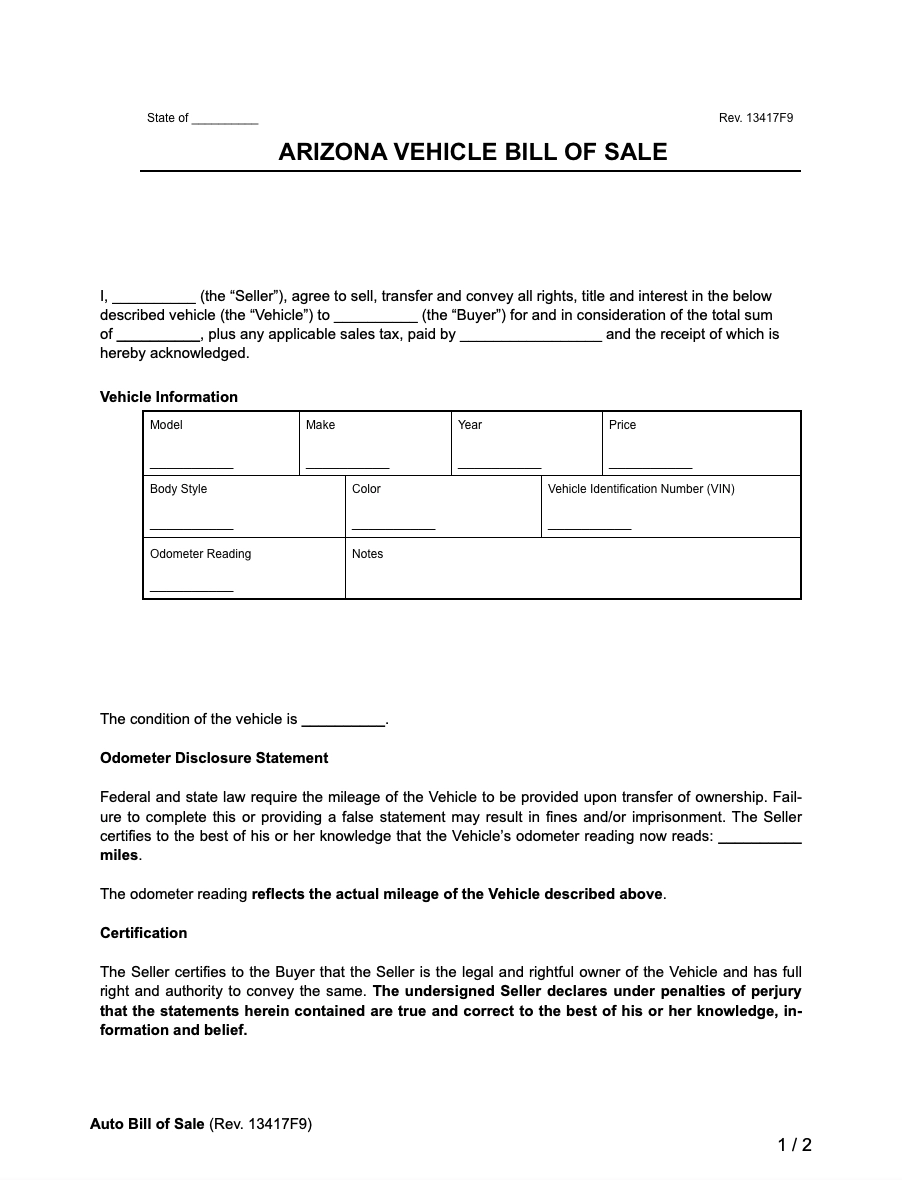 Bill Of Sale Form Printable Dmv Az