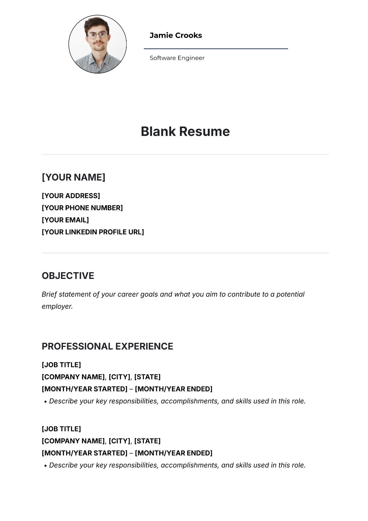 Printable Downloadable Blank Resume Template