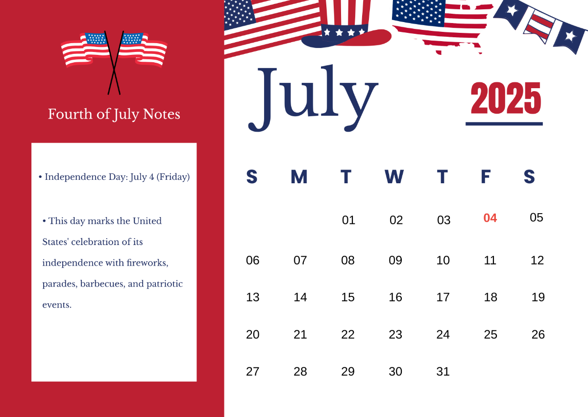 Free Fourth Of July 2025 Calendar Template To Edit Online