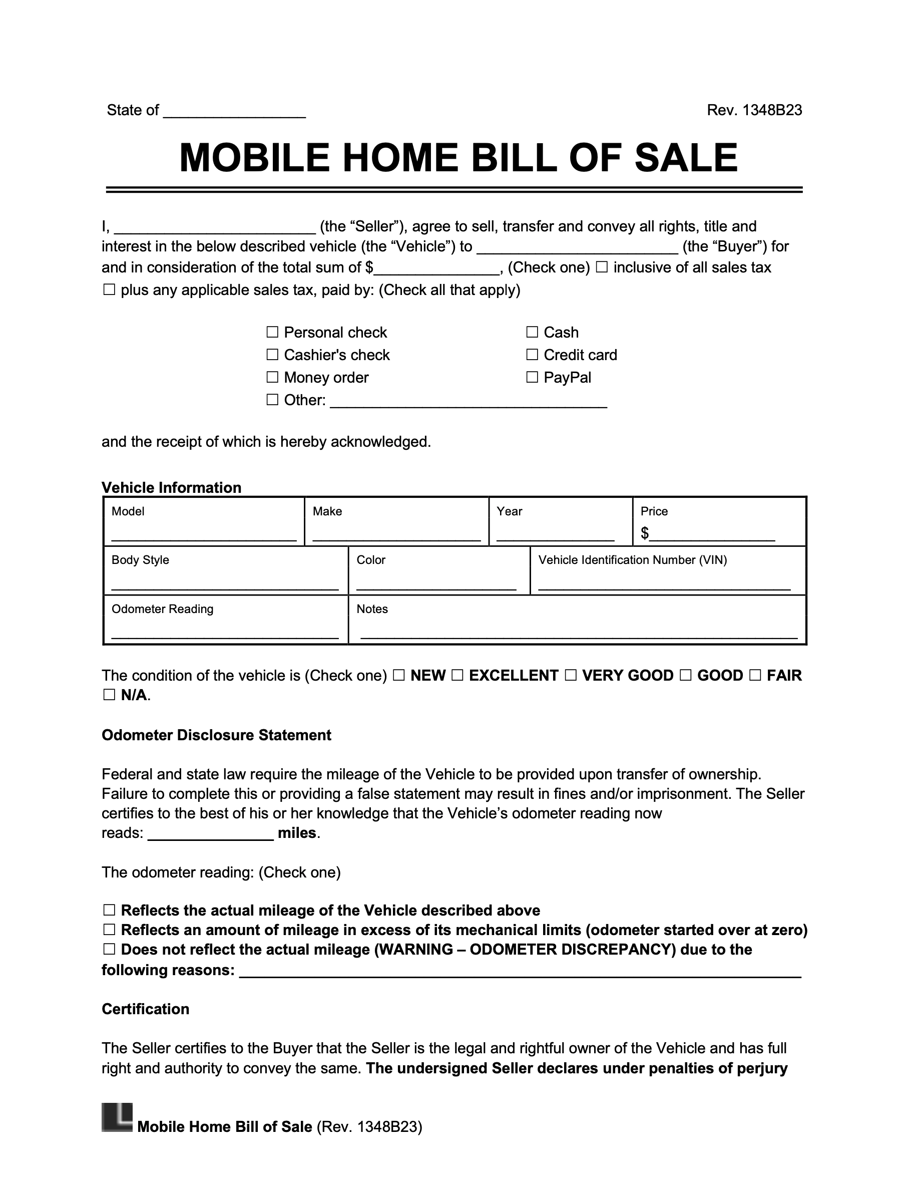 Free Mobile Home Bill Of Sale Form PDF amp Word