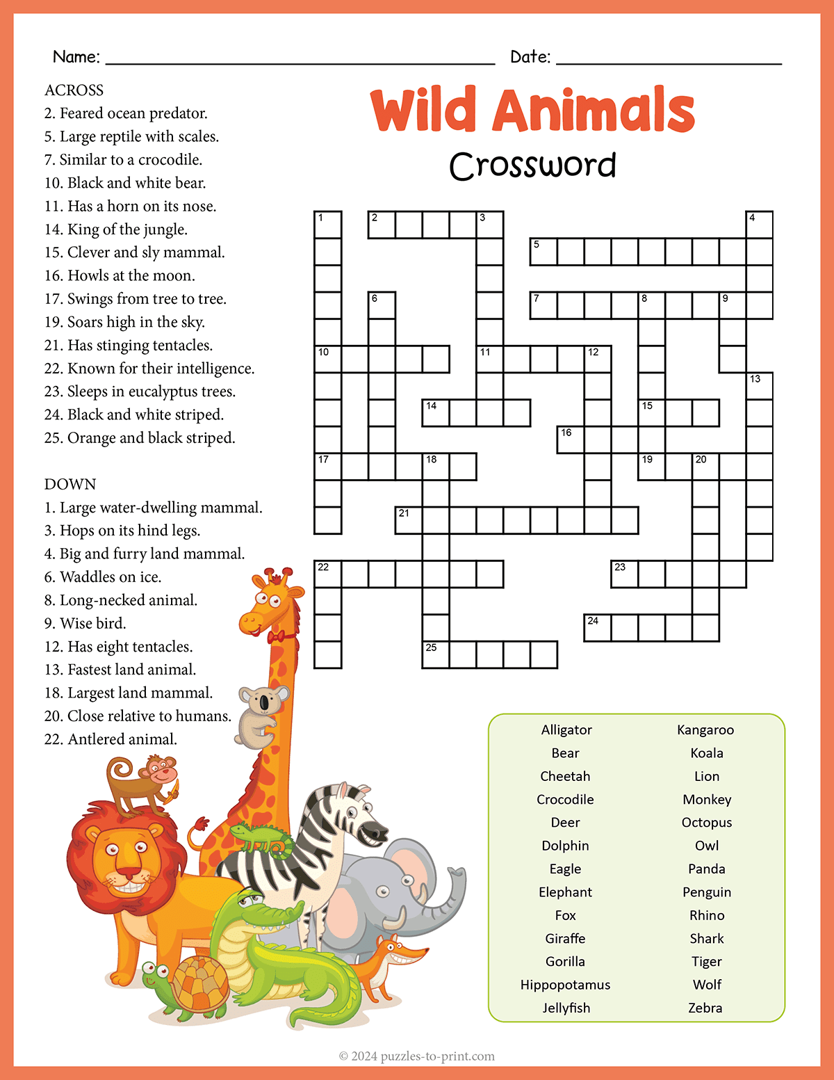 Printable Crossword Puzzles Animals