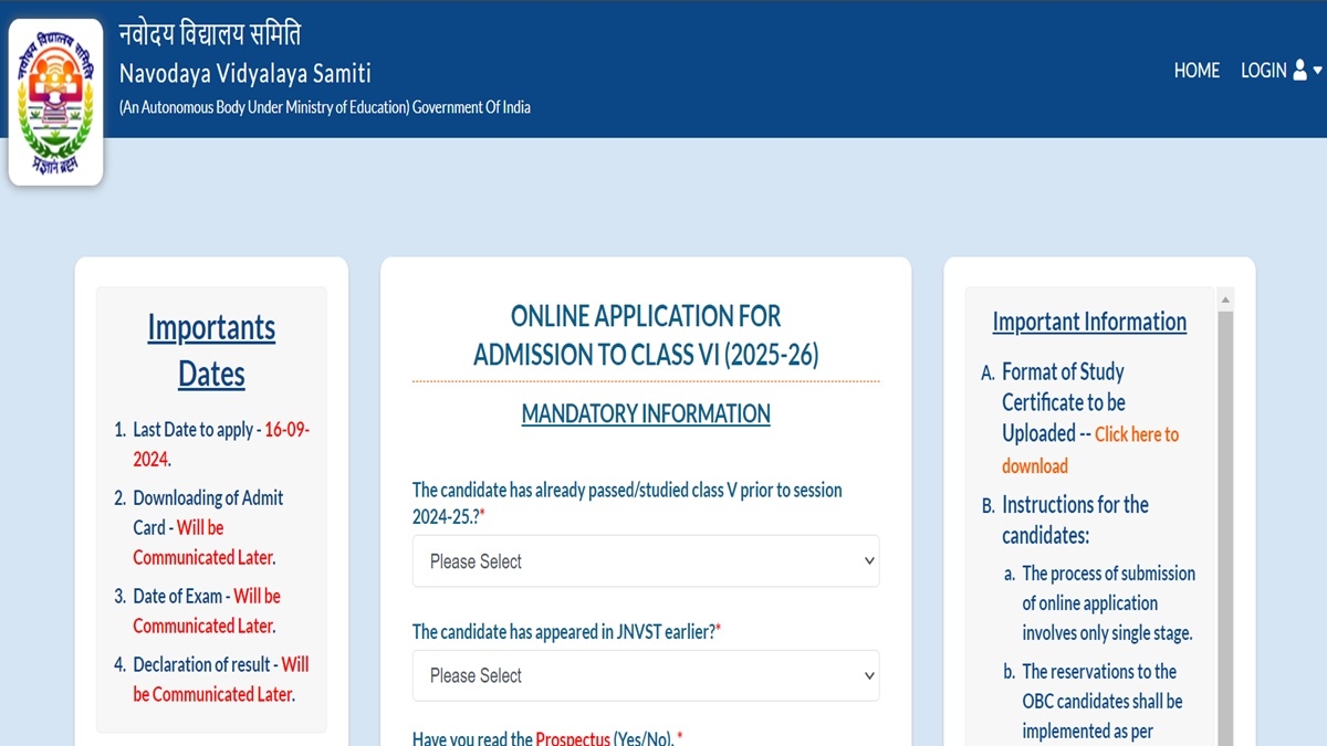 Jnv Application Form For Class 6 2025