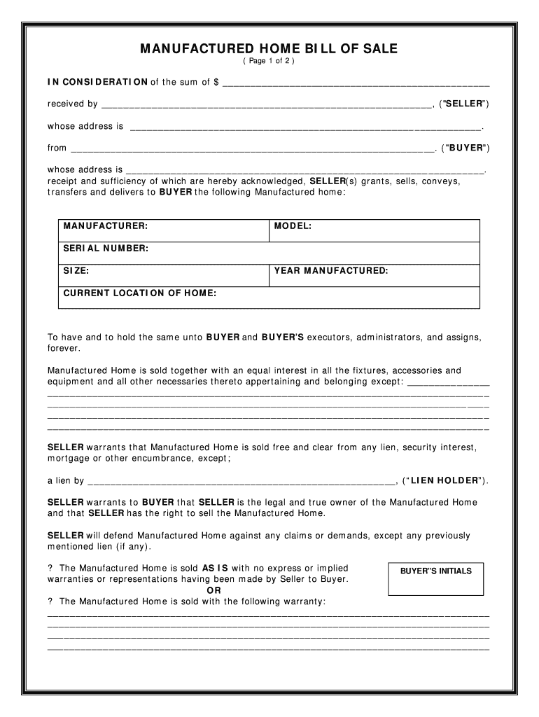 Printable Mobile Home Bill Of Sale Template