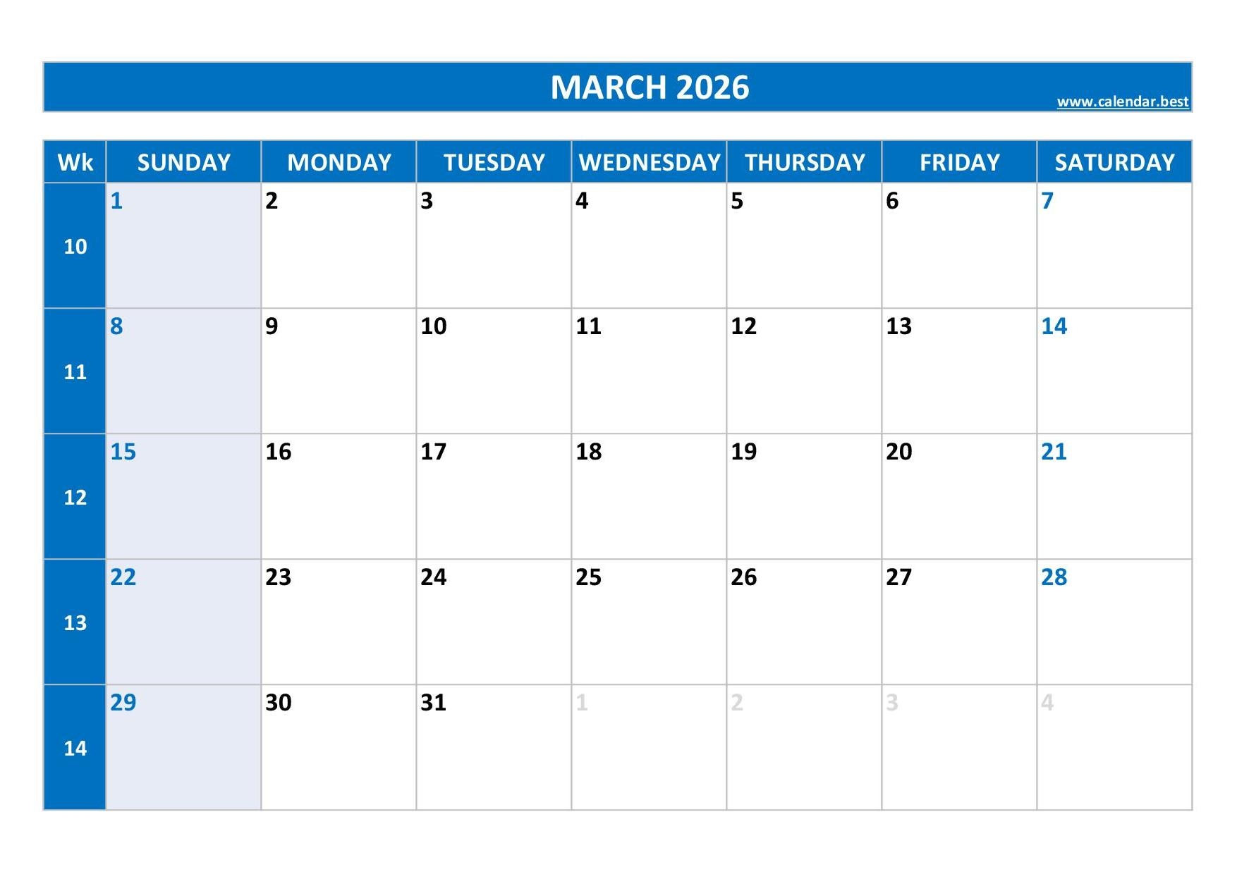 Printable March 2026 Calendar