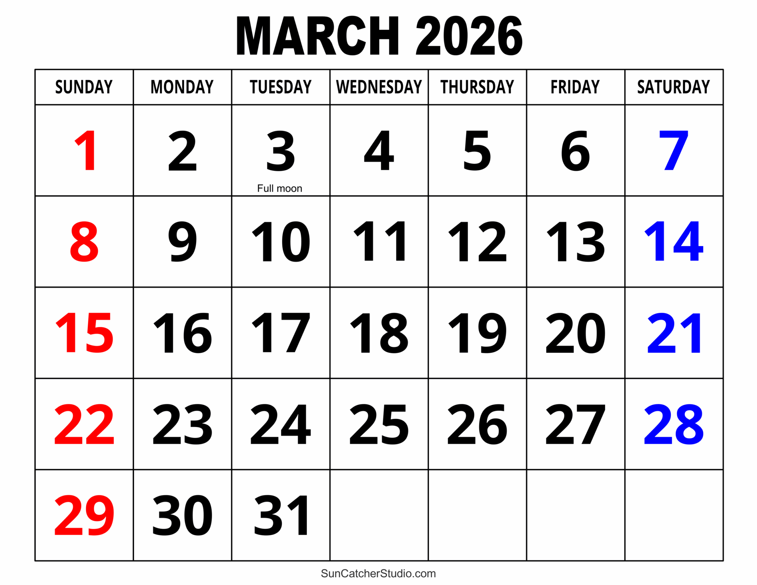 Monthly Calendar March 2026
