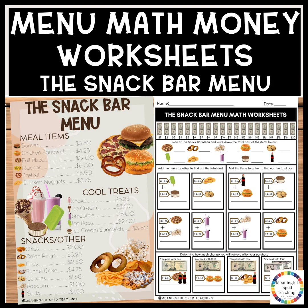 Menu Math Money Worksheets Life Skills Printable NO PREP Snack Bar 