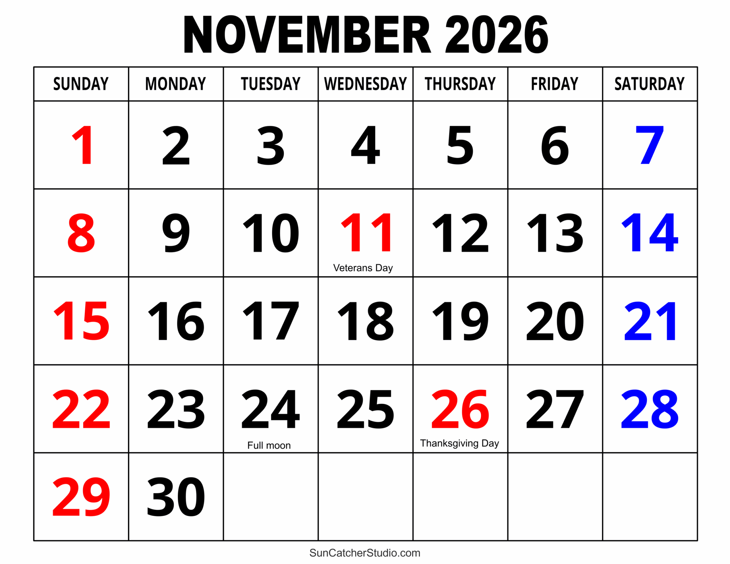 Printable 2026 November Calendar With Holidays