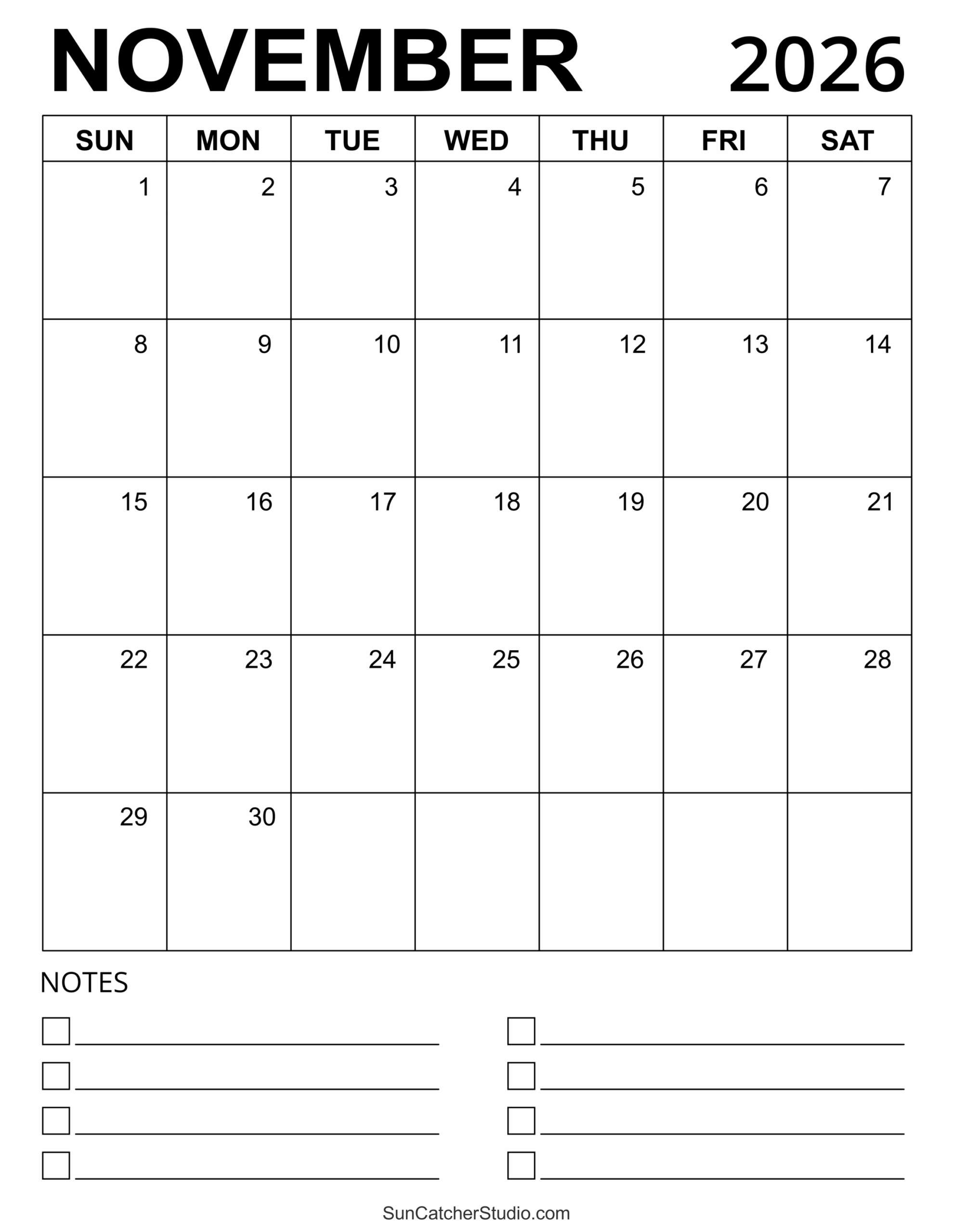 Cute November Calendar 2026 Printable