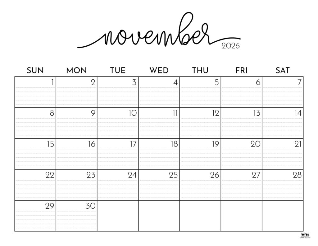 2026 Monthly Calendar Printable November