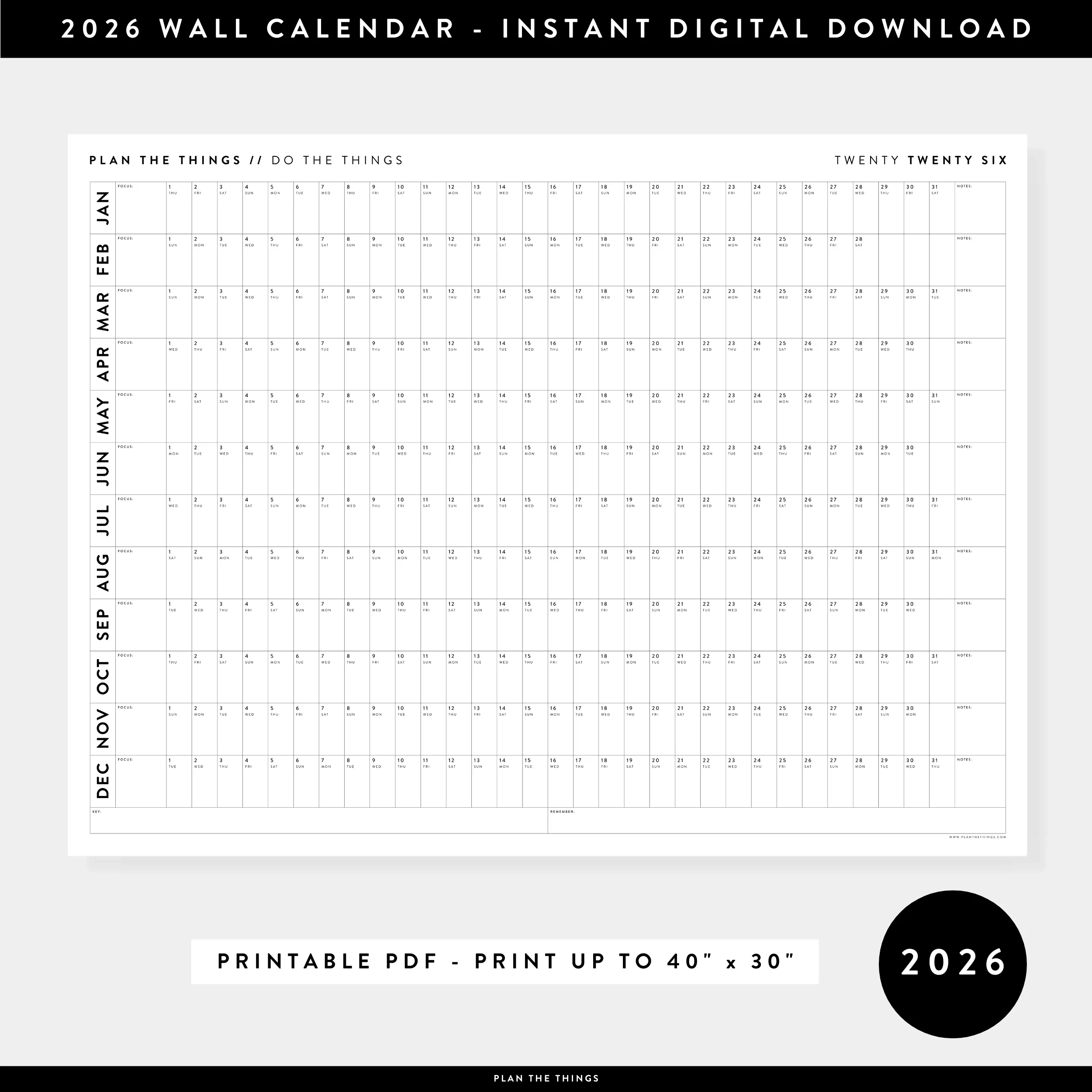 Blank Anual 2026 Printable Calendar
