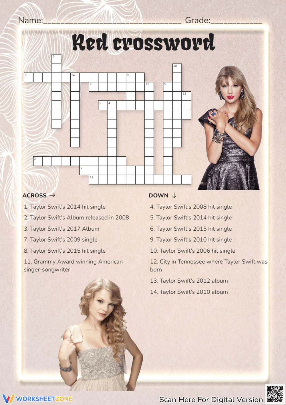 Printable Taylor Swift Reputation Crossword Puzzles