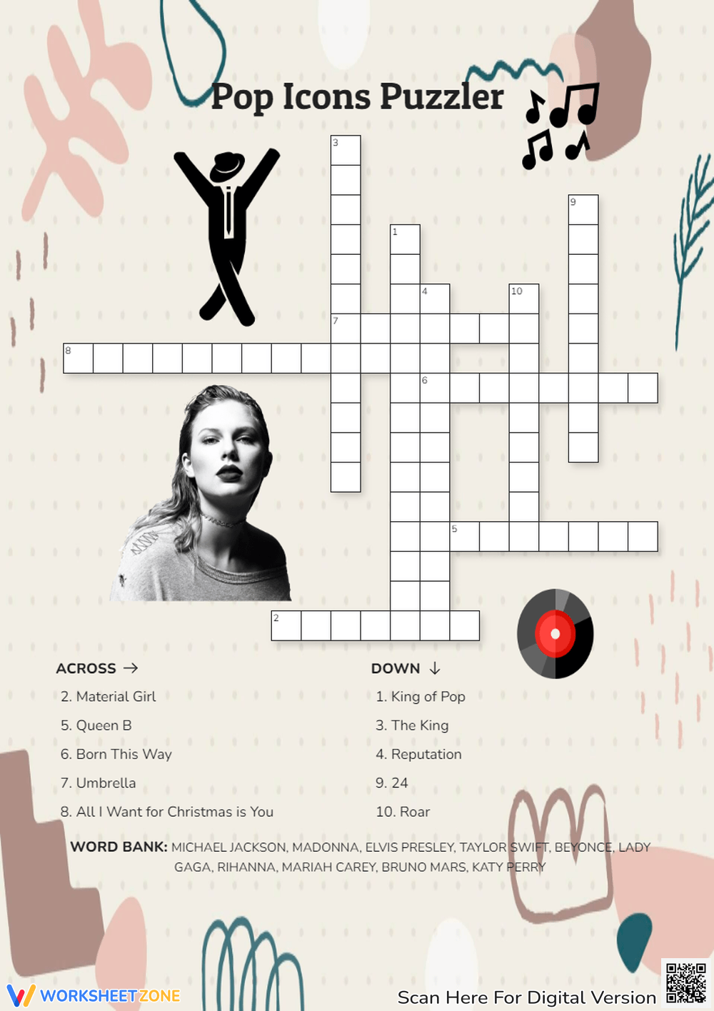 Printable Taylor Swift Crossword Worksheets