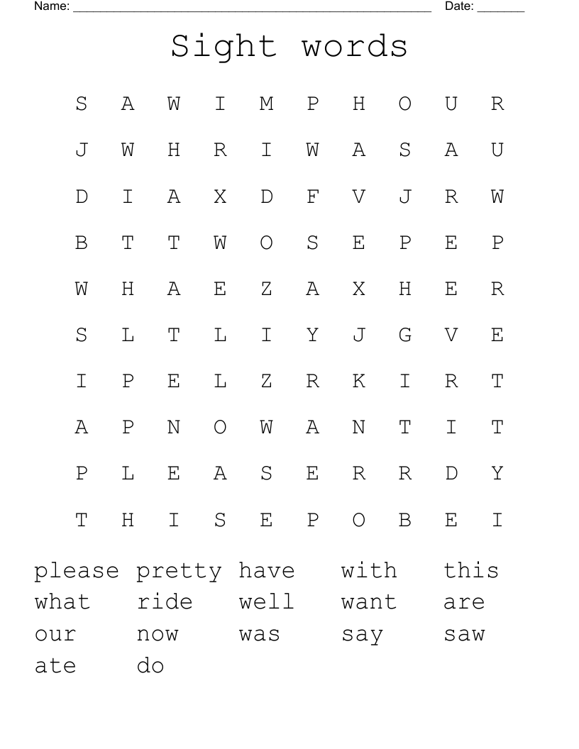 Sight Words Word Search Free Printable