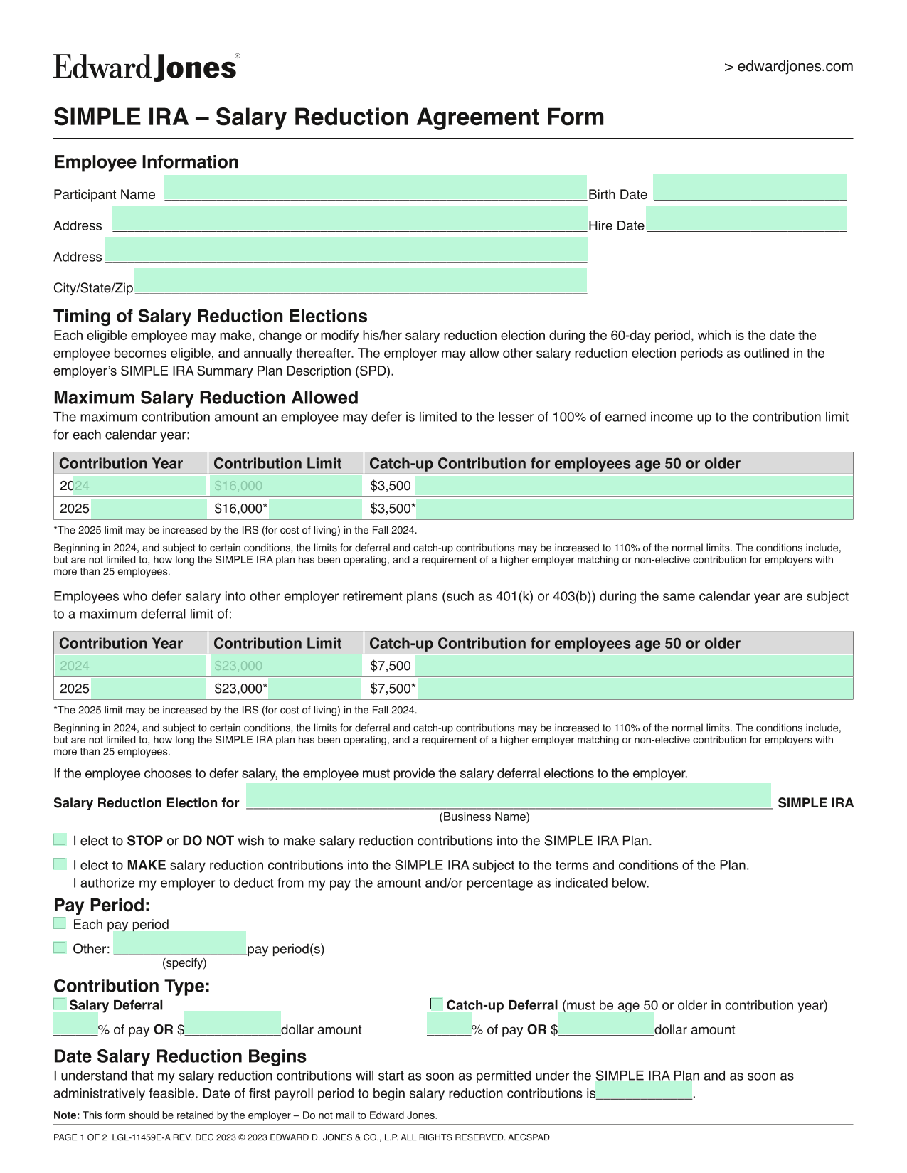 Simple IRA Salary Reduction Agreement Form